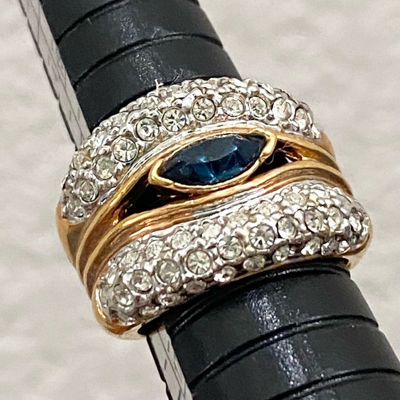 Vintage Blue Sapphire Rhinestone Gold-plated Statement Ring Size 6 - Picture 9 of 15